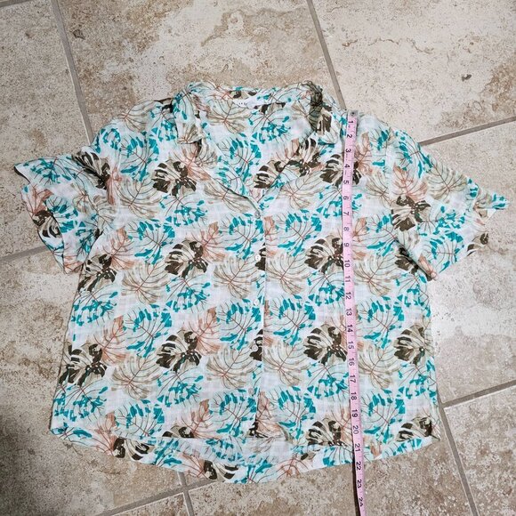 Anthropologie Jane + Delancey Size Large Blue Green Floral Button Up SS Blouse - Picture 7 of 7